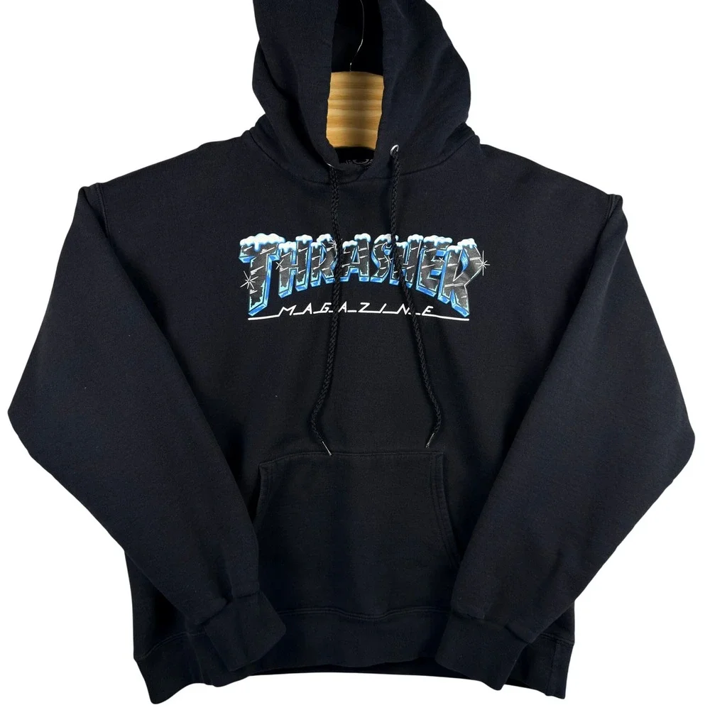 Thrasher Magazine Black Hoodie Ice Spellout Logo Graphic Sweatshirt Mens M - Picture 1 of 8